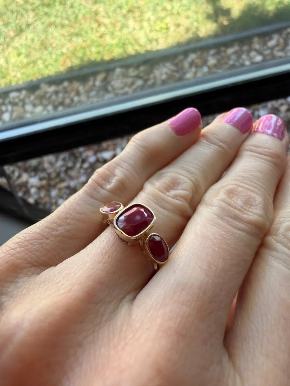NIB 3.30 ct. Ruby Three-Stone Ring in 18kt Gold Over Sterling - 5 - 5.25